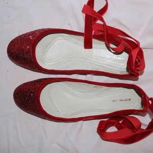 Red Glitter Ballet Flats with Red Velvet Ties